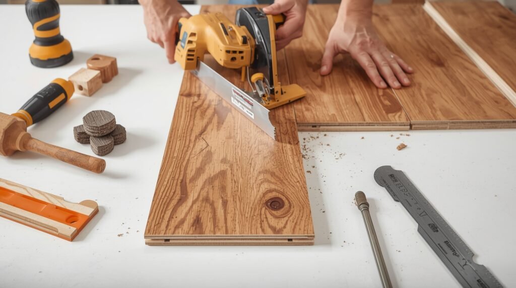 Installer using a fine-toothed saw and tapping block to cut laminate flooring cleanly, avoiding chipped edges.