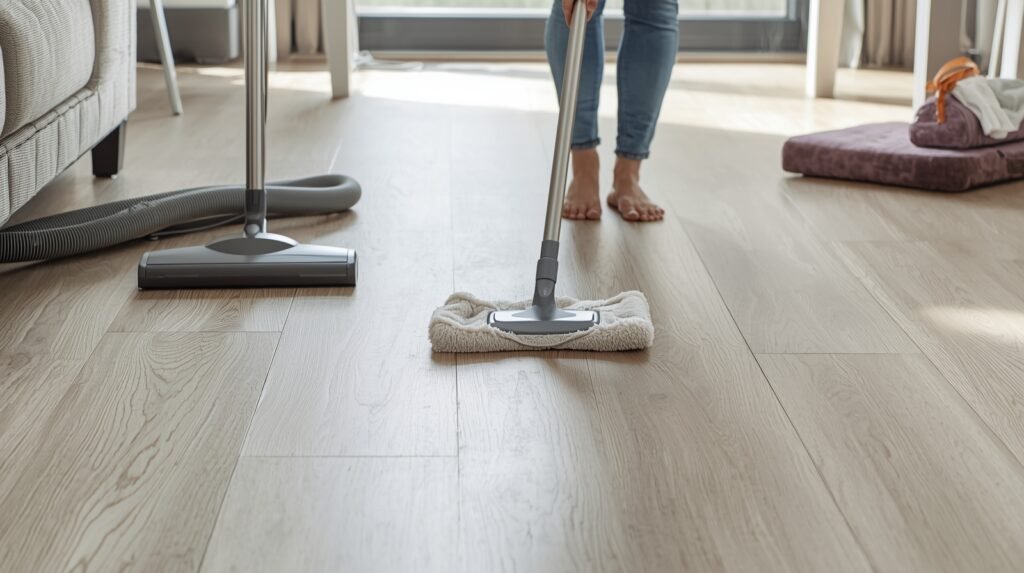 Person cleaning a laminate floor with a soft mop and using pads under furniture to prevent scratches.