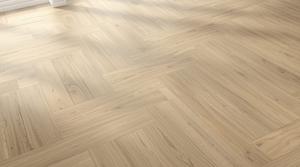 Laminate flooring arranged in a diagonal pattern with planks set at a 45-degree angle, creating a modern and spacious visual effect.