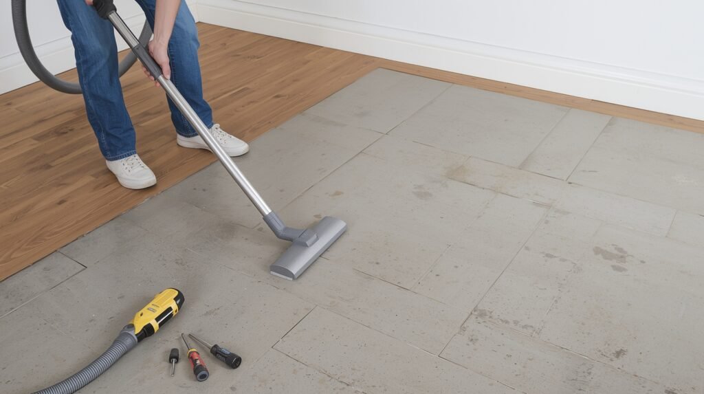 Person cleaning and preparing a subfloor for laminate flooring, removing skirting boards and vacuuming dust.