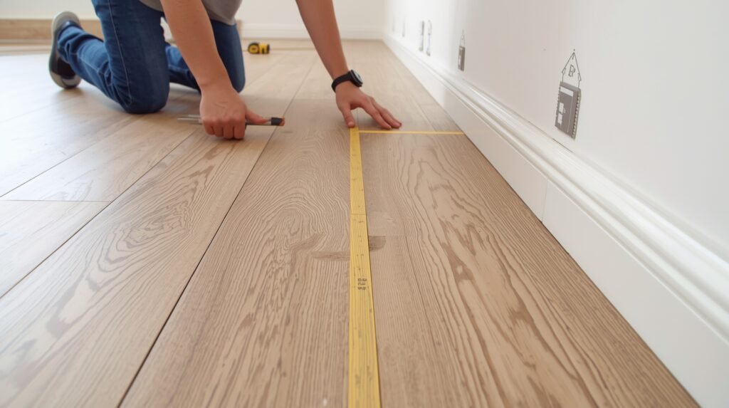 Installer marking a straight chalk line and leaving a 10mm expansion gap before laying laminate flooring.