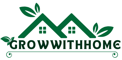 Grow With Home logo showing two green house rooftops with windows and leaf elements symbolizing eco-friendly home improvement and growth.