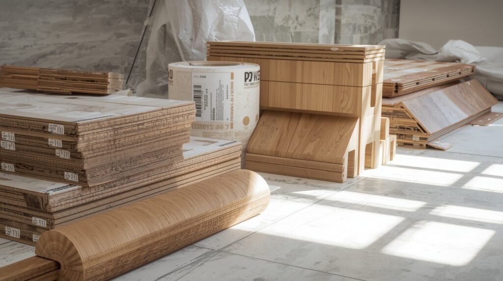 Laminate flooring packs, vapour barrier tape, and wooden skirting boards neatly arranged and ready for laminate flooring installation.