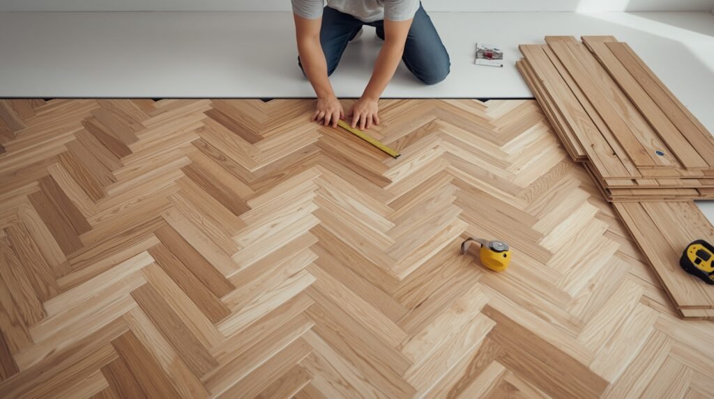 Installer dry-laying laminate floorboards in a herringbone pattern to test alignment and avoid uneven cuts.