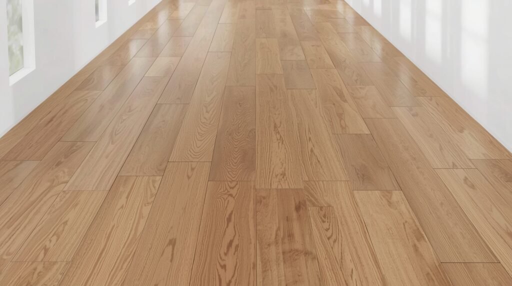 Laminate flooring laid in a straight pattern with planks running parallel to the longest wall, creating a smooth and seamless look.
