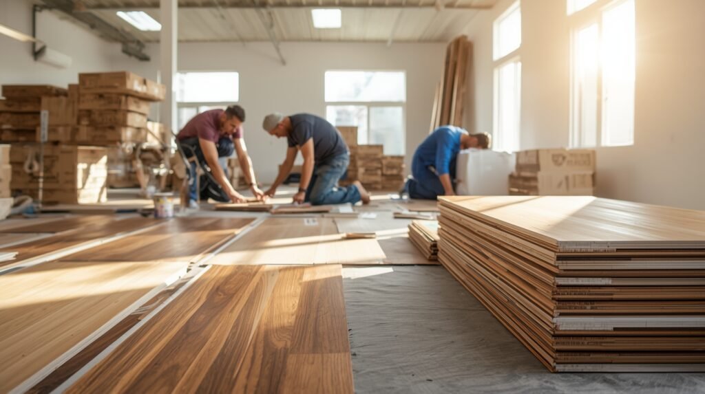 Laminate flooring boxes resting in a bright space to adjust to temperature and humidity before installation.