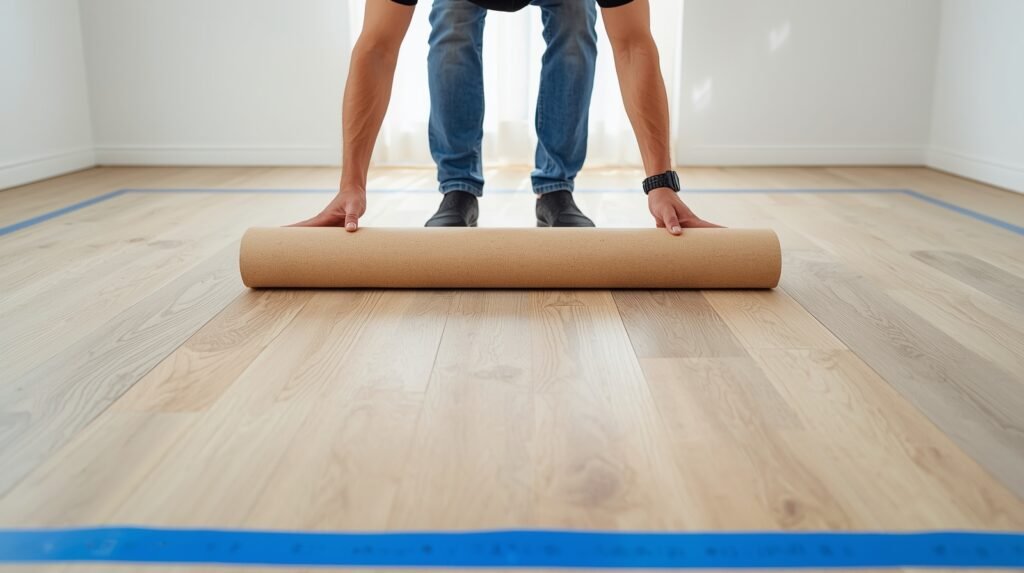 Person rolling underlayment and sealing edges with vapour tape before installing laminate flooring.