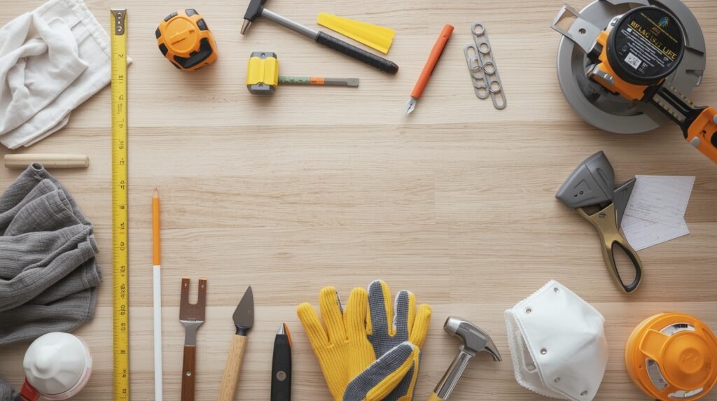 Essential tools for laying laminate flooring pattern, including tape measure, saw, spacers, utility knife, underlay, and safety gear arranged neatly.