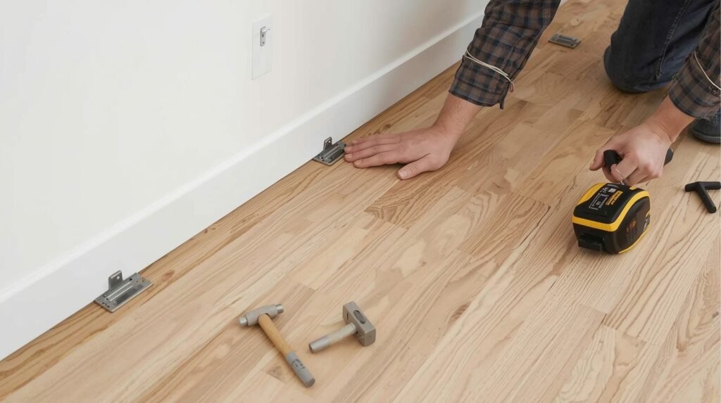Installer using spacers to leave an expansion gap between laminate flooring and the wall to prevent buckling.