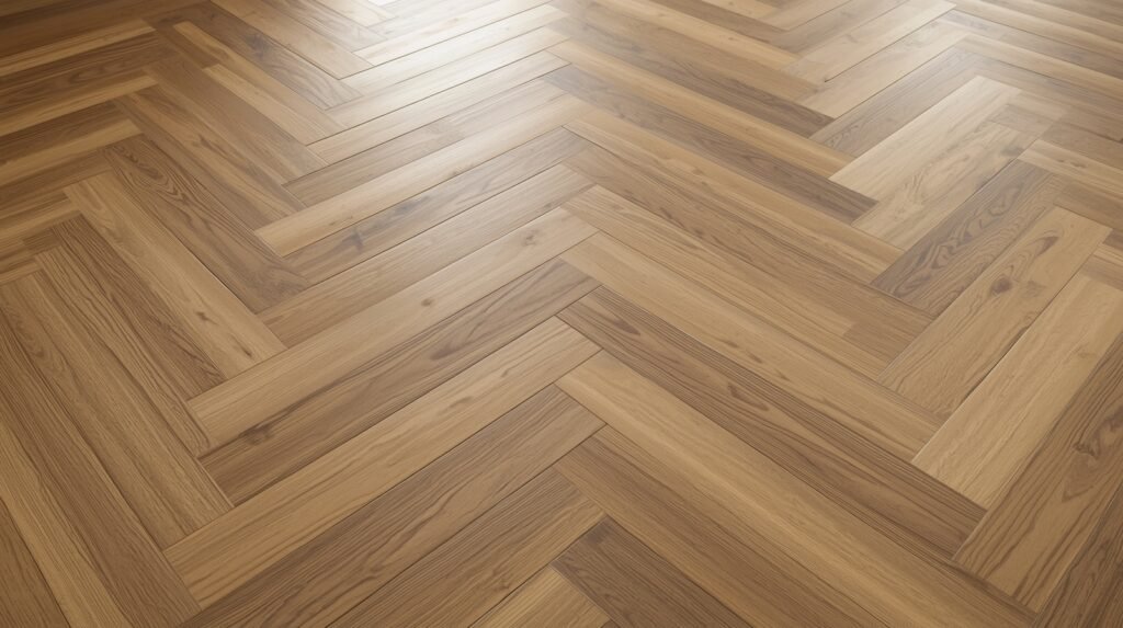 Laminate flooring designed in a chevron pattern with angled planks meeting perfectly to create a seamless and elegant “V” design.