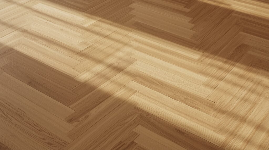 Laminate flooring installed in a herringbone pattern with planks forming a repeating “V” shape for a timeless and elegant design.