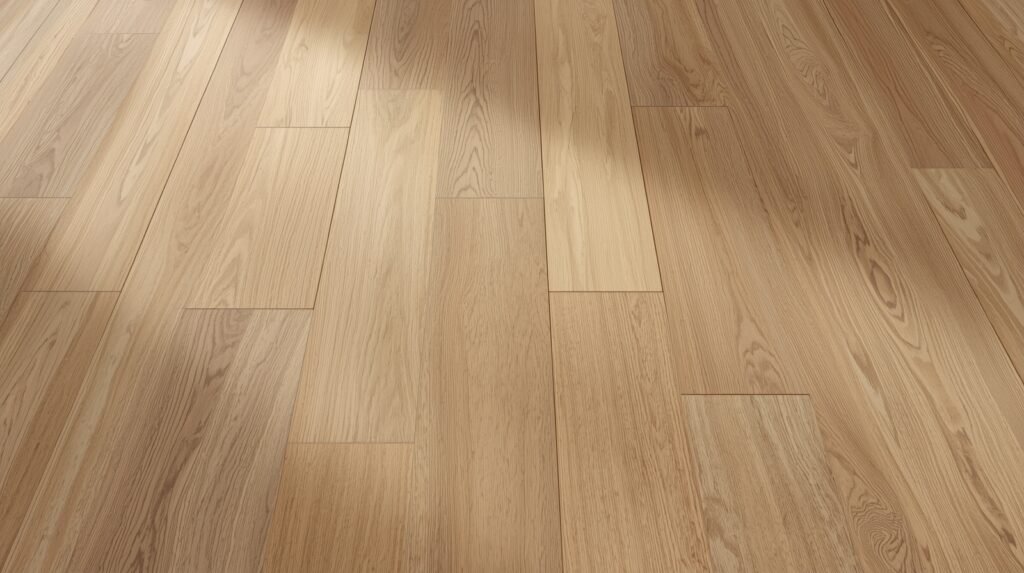 Laminate flooring installed in a random staggered pattern with uneven plank lengths for a natural and balanced wood look.