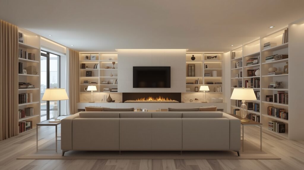 After modern living room layout with fireplace featuring floating furniture and cozy design.