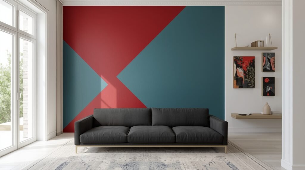 Dark grey sofa colour scheme ideas using creative color blocking on walls.