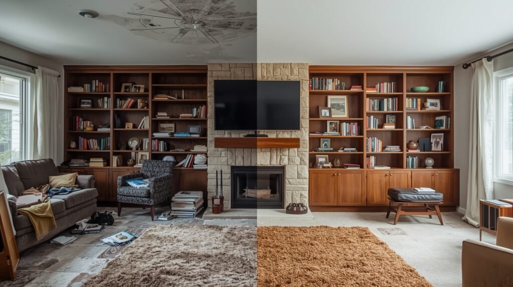 Before and after awkward living room layout with fireplace comparison.