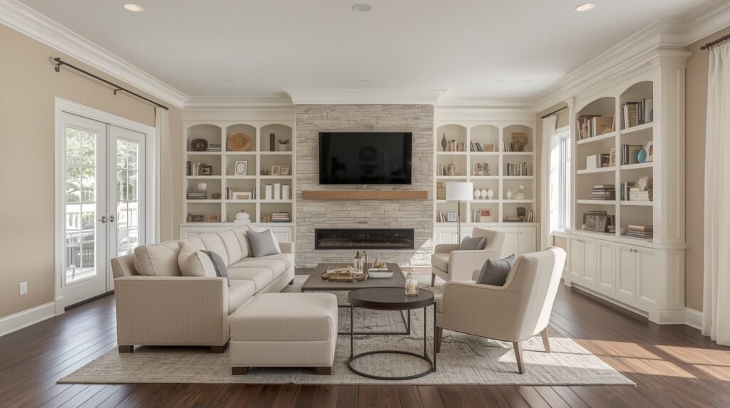 After living room layout with fireplace showing smart zoning and balanced seating.