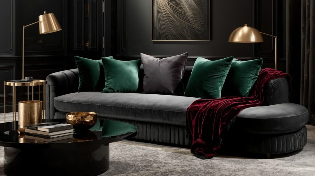 Dark grey sofa colour scheme ideas in bold dramatic colors with gold and emerald.