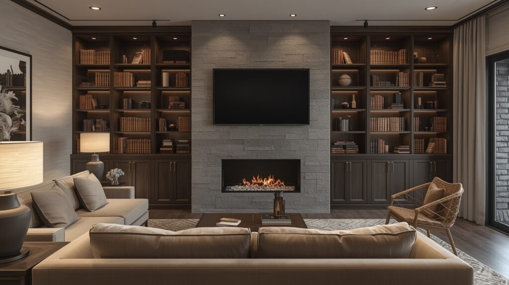 After living room layout with fireplace showing balanced and modern design.