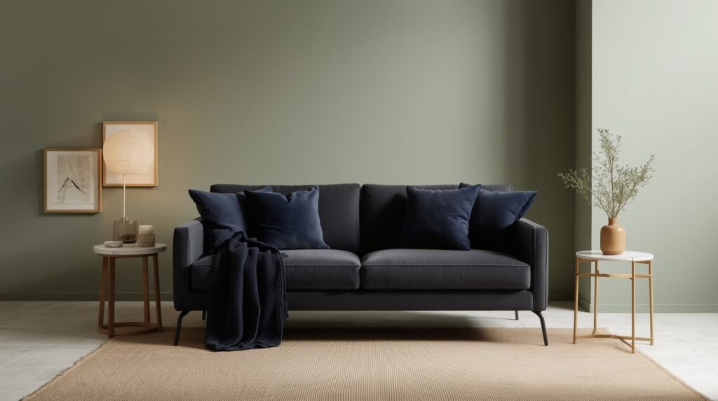 Dark grey sofa colour scheme ideas with cool calming navy or sage colors.