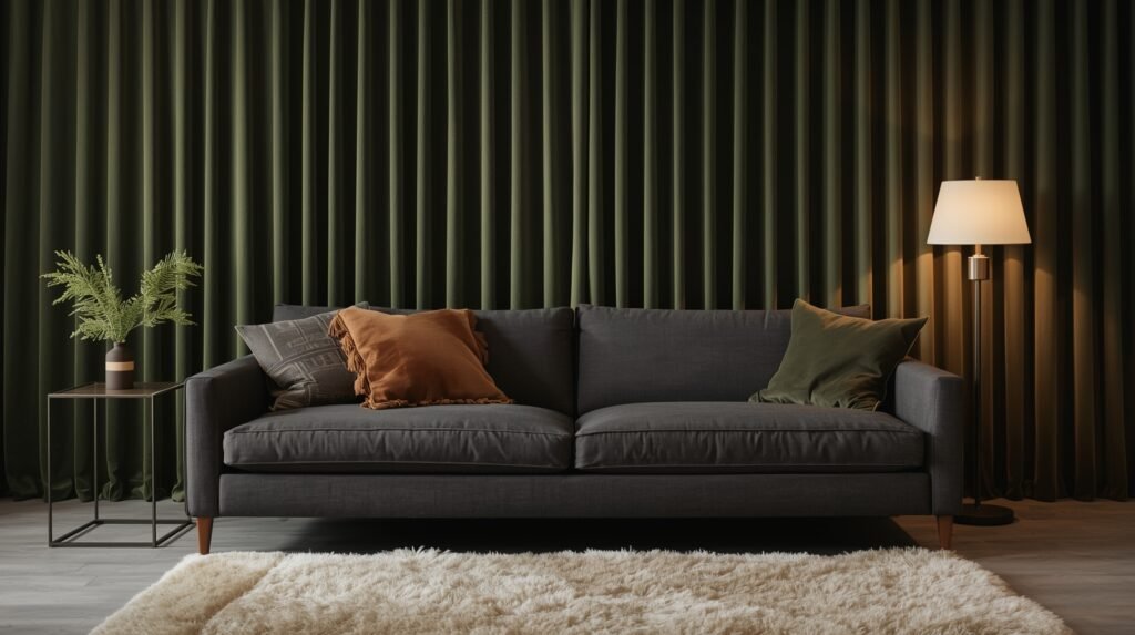 Dark grey sofa colour scheme ideas with the right curtains and rugs.