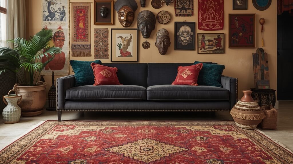 Dark grey sofa colour scheme ideas with a global mix of patterns and colors.
