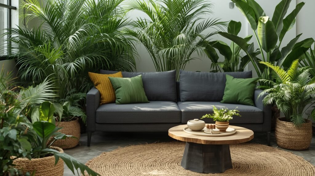 Dark grey sofa colour scheme ideas with plants and green accents.