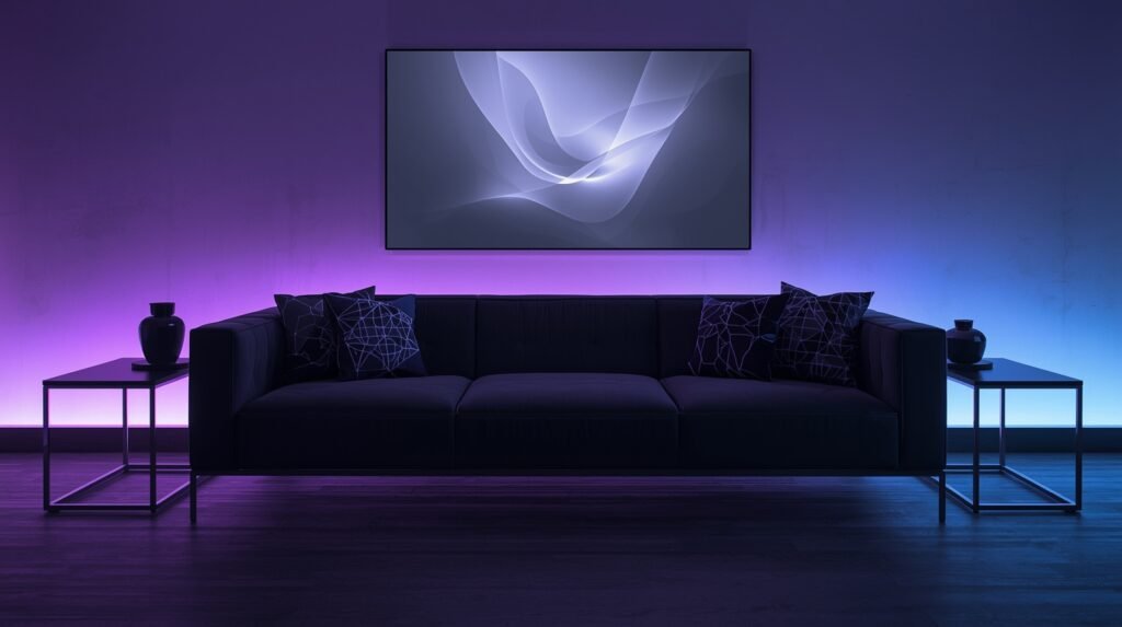 Dark grey sofa colour scheme ideas with a high tech modern style.