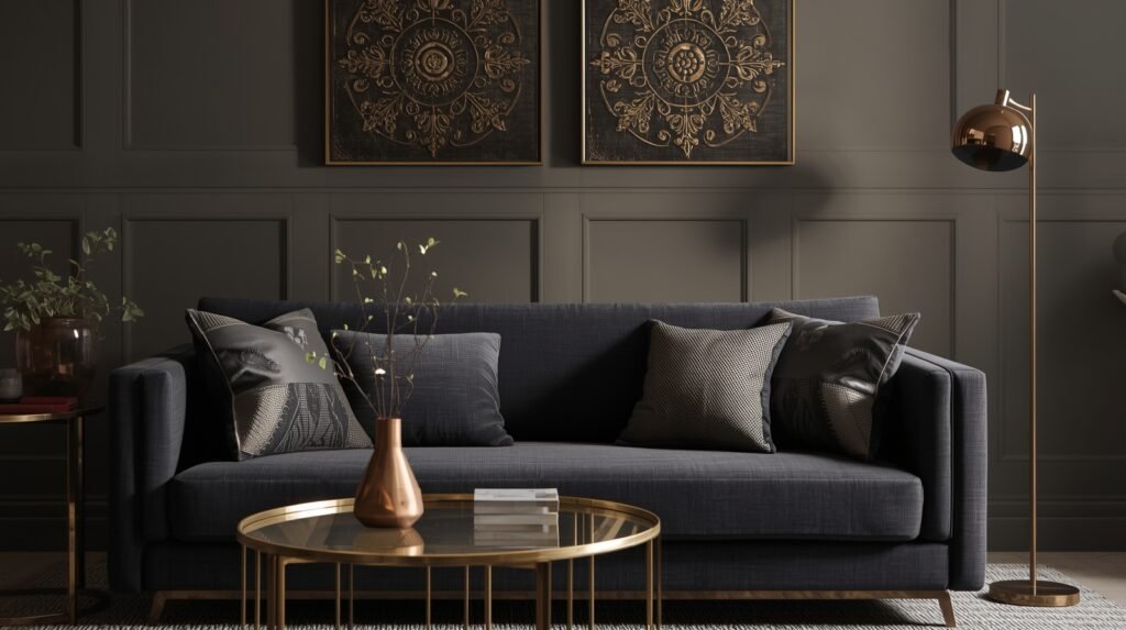 Dark grey sofa colour scheme ideas with gold and metallic accents.
