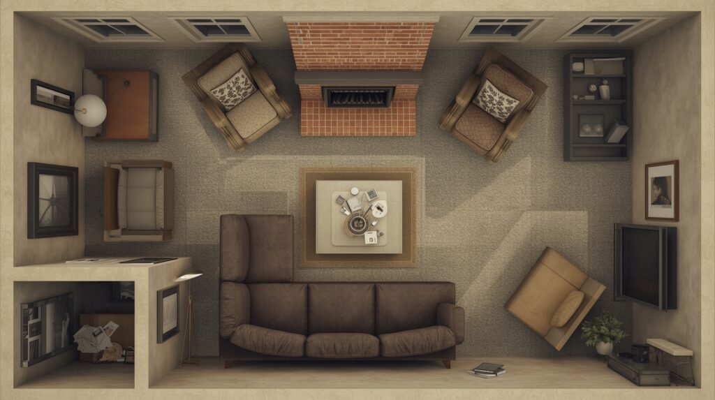 Floor plan showing awkward living room layout with fireplace and blocked pathways.