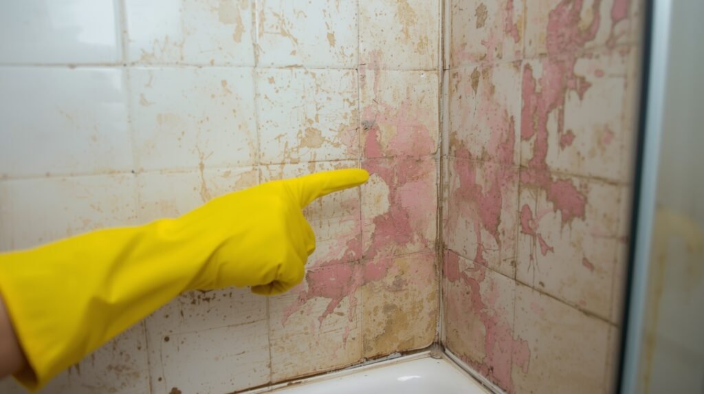 Person inspecting pink mold in shower to understand is pink mold in shower dangerous for health.