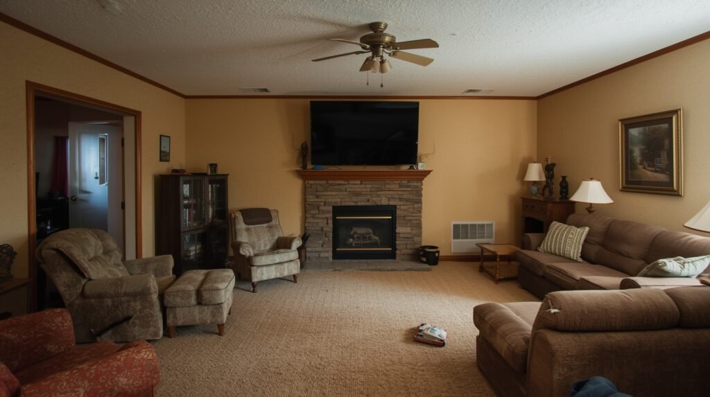 Before awkward living room layout with fireplace showing unbalanced design and bad lighting.