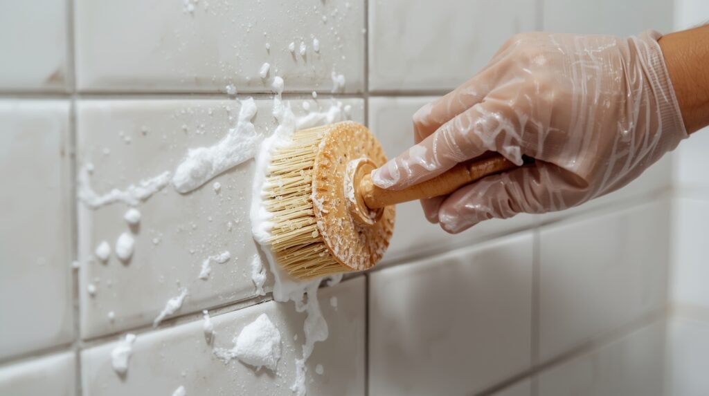 Person scrubbing pink mold from shower tiles with a brush and gloves.