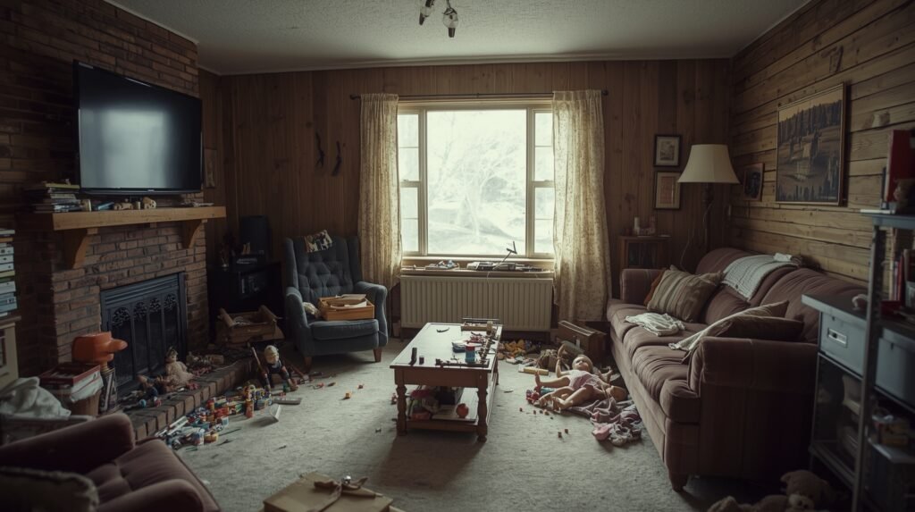 Awkward living room layout with fireplace showing clutter and poor furniture placement.