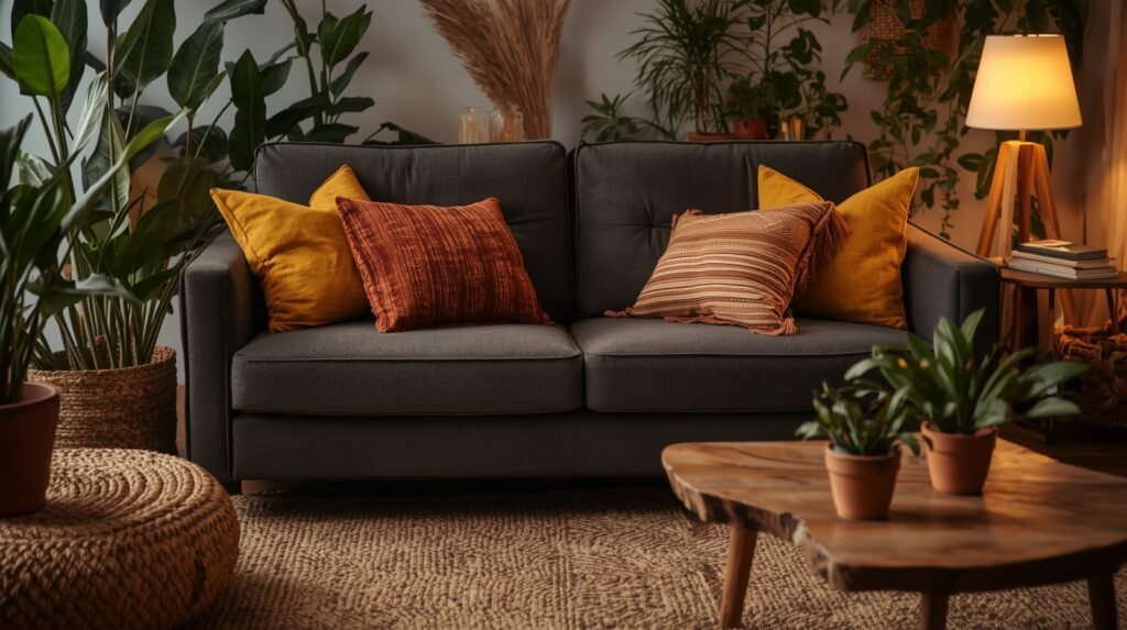 Dark grey sofa colour scheme ideas with warm earthy colors like mustard and burnt orange.
