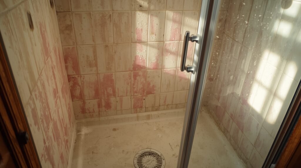 Pink mold forming on damp tiles due to soap scum and standing water.