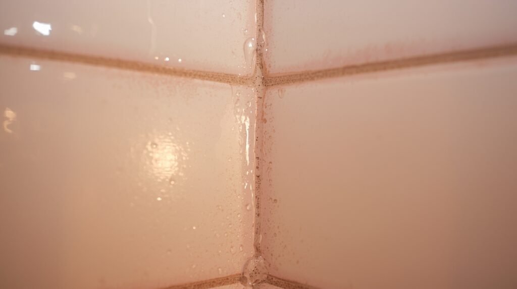Close-up of pink mold in a shower corner on tile grout.