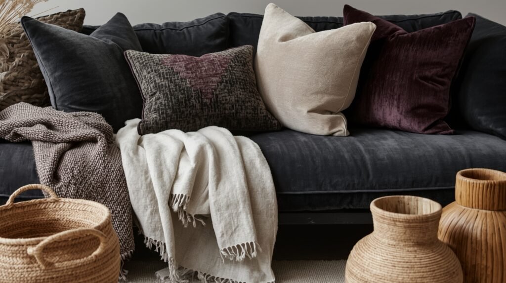 Dark grey sofa colour scheme ideas with layered textures for depth.
