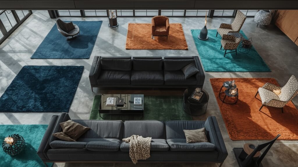 Dark grey sofa colour scheme ideas for multi zone living spaces.