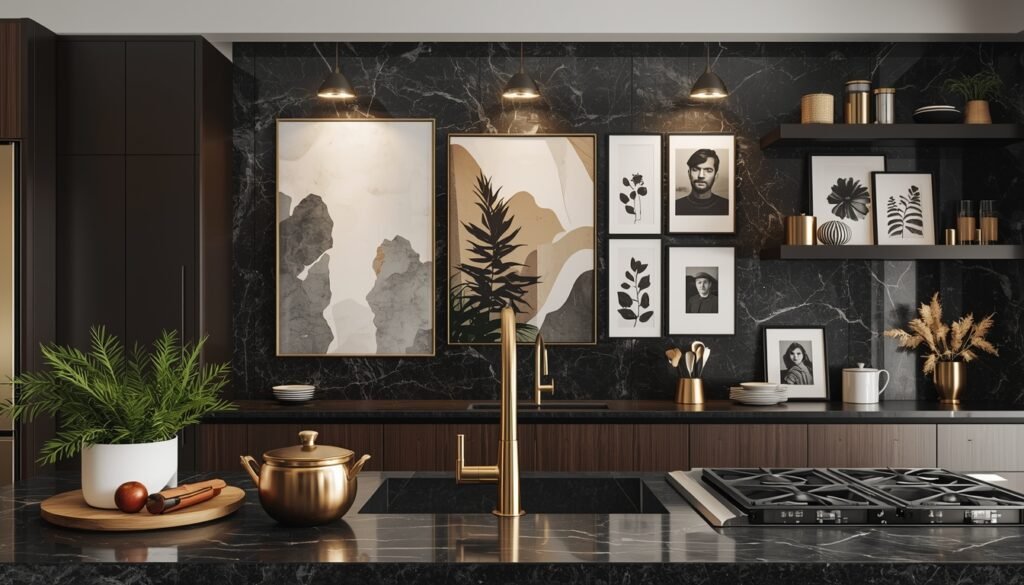 Luxury kitchen art layout templates displayed with rich materials and warm lighting.