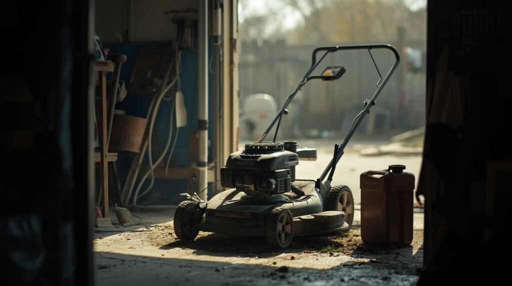 Lawn mower sitting unused in a garage after months of storage with signs of dust buildup