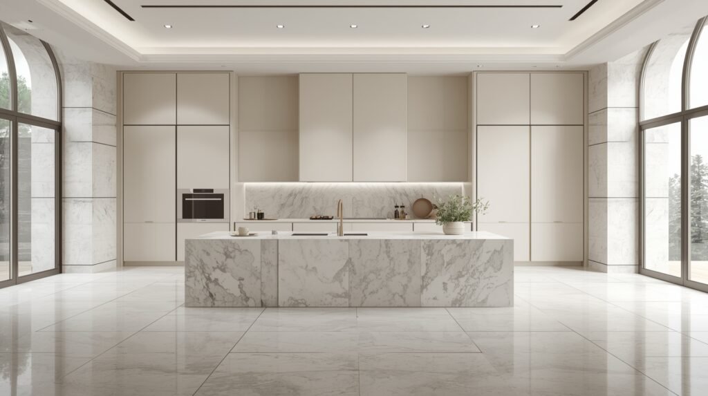 luxury modern kitchen with intentionally empty space above cabinets