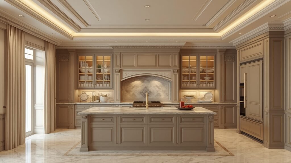 modern luxury kitchen with cabinetry extended to the ceiling