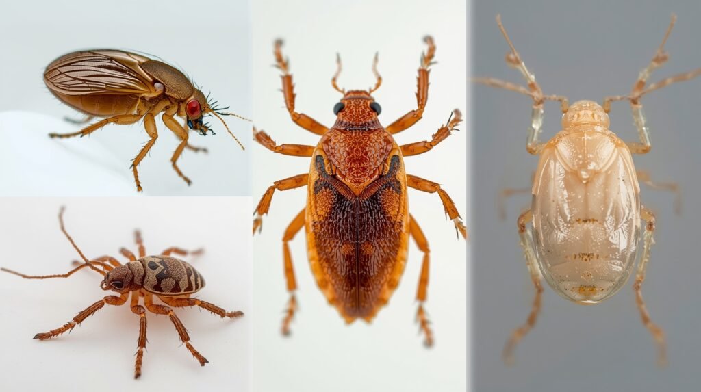 simple grid showing flea tick spider beetle and cockroach nymph for easy comparison
