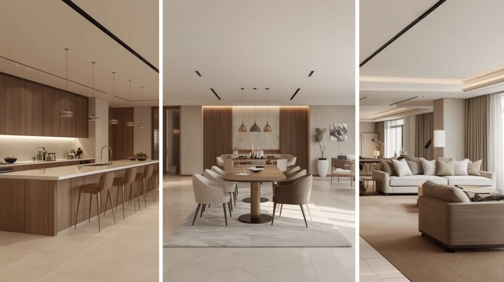 Open plan interior showing different activity zones used throughout the day.