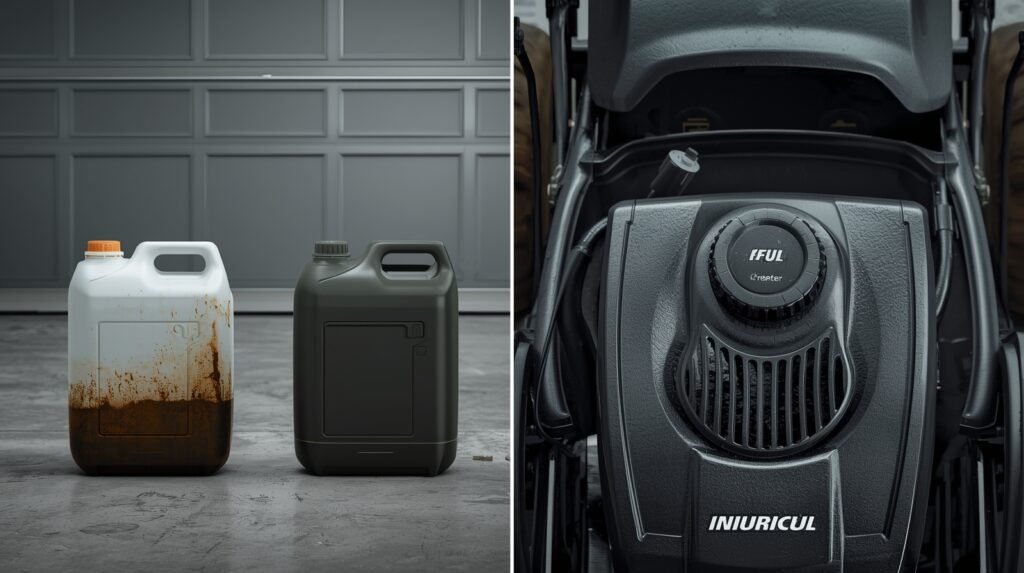 Comparison view of drained lawn mower fuel tank versus stabilized fuel left in the system