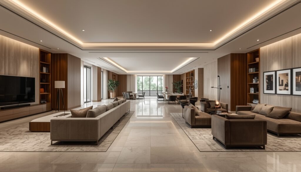 Luxury open plan living space with slim furniture and clear pathways.