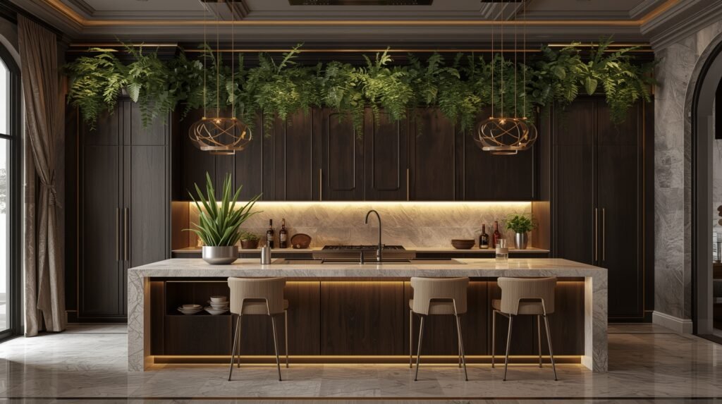 luxury kitchen cabinets styled with tall sculptural greenery for vertical balance