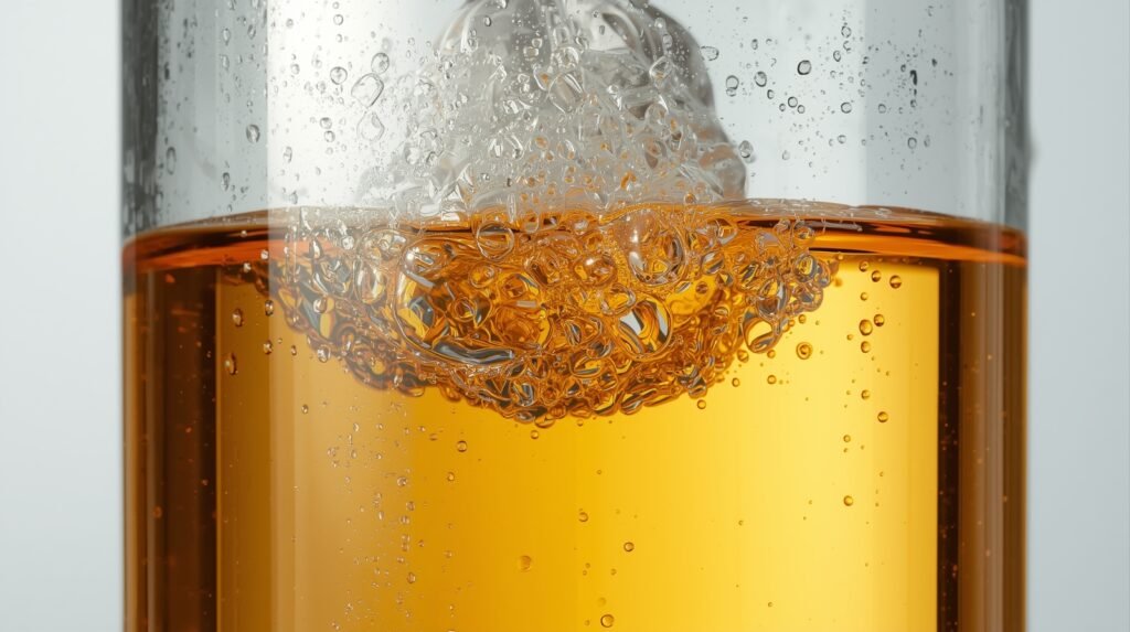 Close-up view of gasoline showing natural separation and moisture buildup inside a container over time