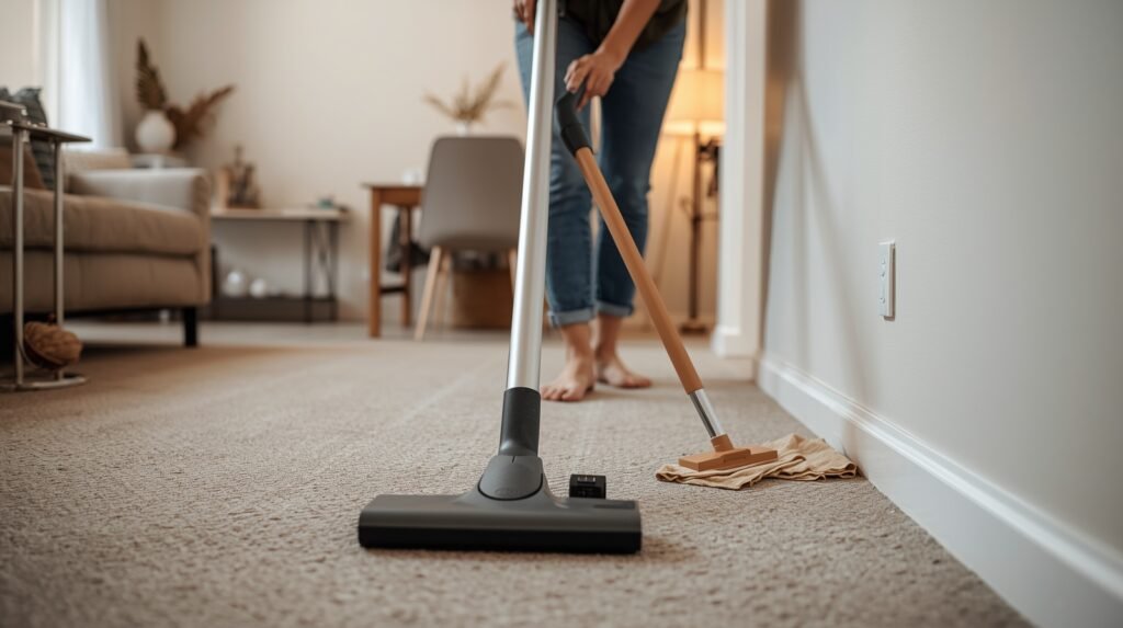 vacuuming carpet and cleaning baseboards to remove carpet beetles