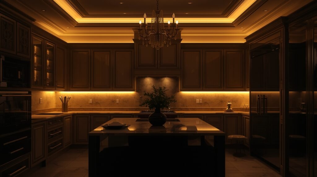 luxury kitchen with warm ambient lighting above cabinets
